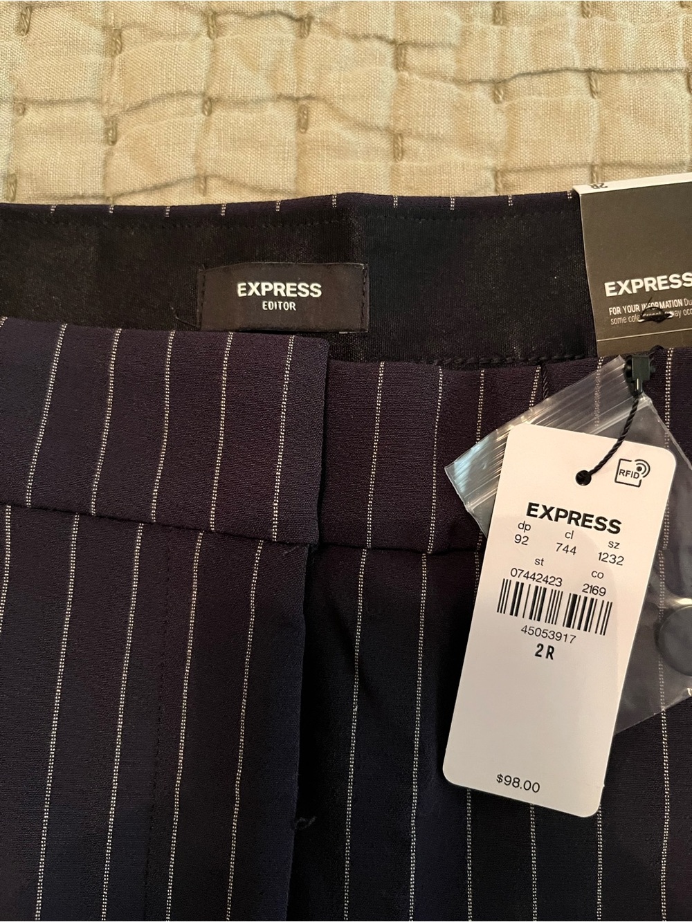 Express Navy Pinstripe Trousers with White Stripes - Picture 2 of 2